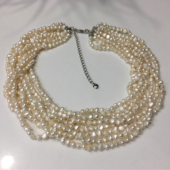 Multi 8 Strand 925 Natural White Freshwater Pearl Necklace Sterling Silver - Picture 5 of 6